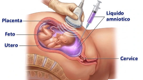 Immagine che raffigura come si esegue l'amniocentesi su una donna incinta con indicazione della cervice, del liquido amniotico, la placenta, la posizione del feto all'interno dell'utero